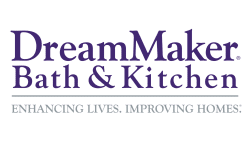 DreamMaker Bath & Kitchen logo with the tagline Enhancing Lives. Improving Homes. in purple and gray text on a white background.